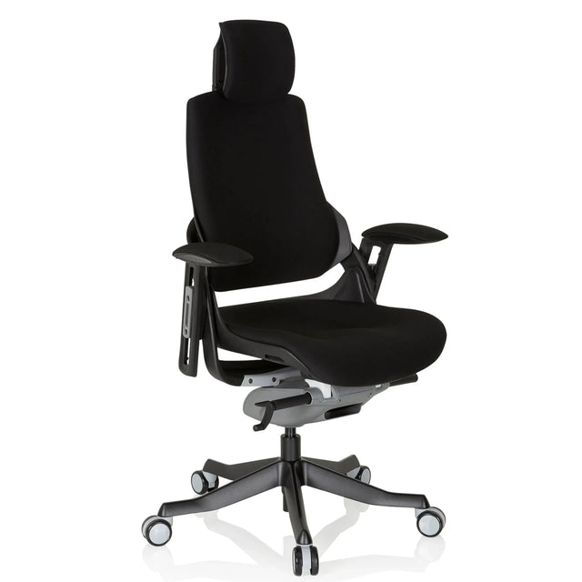 Zwarte Professionele bureaustoel SPEKTRE BLACK met stoffen bekleding, hoofdsteun en armleuningen van hjh OFFICE
