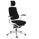 Professionele bureaustoel SPEKTRE met zwarte stoffen bekleding, wit frame en hoofdsteun van hjh OFFICE