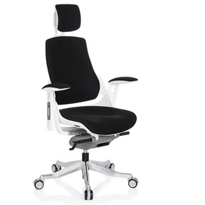 Professionele bureaustoel SPEKTRE met zwarte stoffen bekleding, wit frame en hoofdsteun van hjh OFFICE