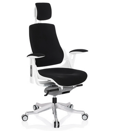 Professionele bureaustoel SPEKTRE met zwarte stoffen bekleding, wit frame en hoofdsteun van hjh OFFICE