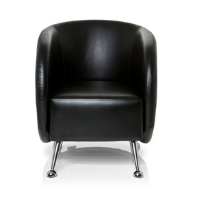 Zwarte gestoffeerde fauteuil ST. LUCIA met gladde kunstlederen bekleding en vier verchroomde poten van hjh OFFICE