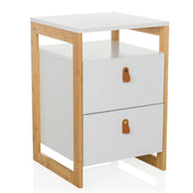 Bijzettafel TAROLO III in wit met bamboe frame en twee laden met lederen grepen van hjh LIVING