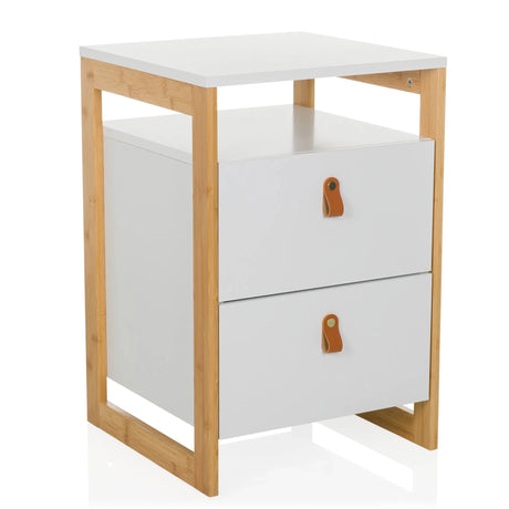 Bijzettafel TAROLO III in wit met bamboe frame en twee laden met lederen grepen van hjh LIVING