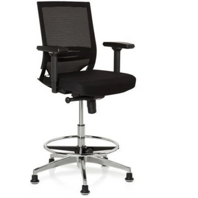 Zwarte Baliestoel TOP WORK 77 met netrugleuning, voetring en glanzend metalen frame van hjh OFFICE
