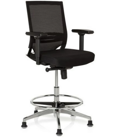 Zwarte Baliestoel TOP WORK 77 met netrugleuning, voetring en glanzend metalen frame van hjh OFFICE