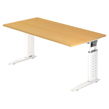 Hoogteverstelbaar bureau UNDA 16 W in beuken en wit met T-pootonderstel van hjh OFFICE PRO