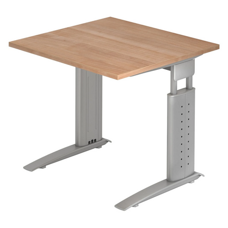 Hoogteverstelbaar bureau UNDA 8 S met walnotenhouten blad en zilveren frame van hjh OFFICE PRO