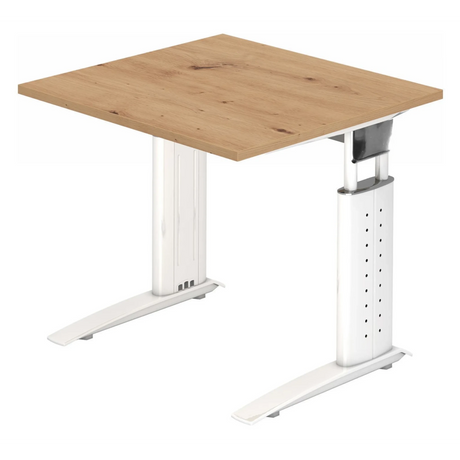 Hoogteverstelbaar bureau UNDA 8 W met tafelblad in essen-eiken en zilveren onderstel van hjh OFFICE PRO