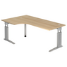 Hoogteverstelbaar L-vormig bureau UNDA 82 S in eikenlook met zilverkleurig frame van hjh OFFICE PRO