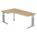 Hoogteverstelbaar L-vormig bureau UNDA 82 S in eikenlook met zilverkleurig frame van hjh OFFICE PRO