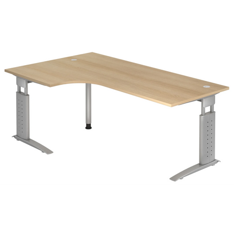 Hoogteverstelbaar L-vormig bureau UNDA 82 S in eikenlook met zilverkleurig frame van hjh OFFICE PRO
