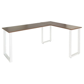 Hoekbureau WORKSPACE BASIC I met bruin walnotenhouten blad en witte U-vormige poten van hjh OFFICE
