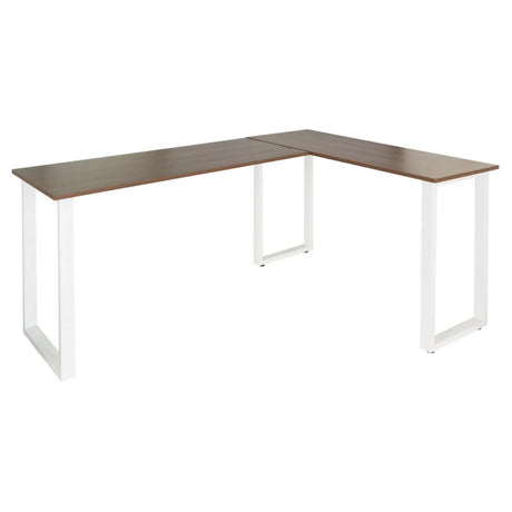 Hoekbureau WORKSPACE BASIC I met bruin walnotenhouten blad en witte U-vormige poten van hjh OFFICE