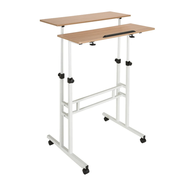 Zit- Sta bureau WORKSTATION I in wit en eiken met twee werkbladen en zwenkwielen van hjh OFFICE