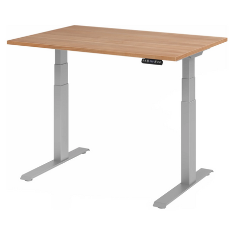 Elektrisch verstelbaar bureau XDKB 12 S in walnootlook met zilverkleurig onderstel van hjh OFFICE PRO