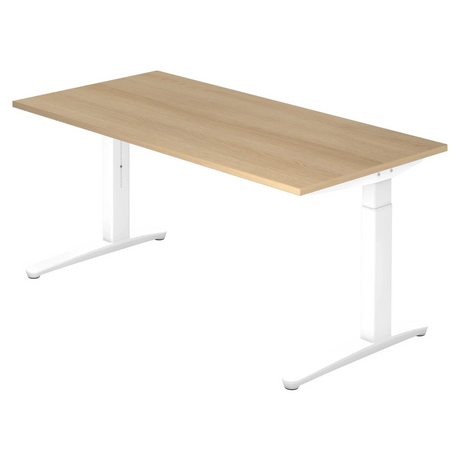 Hoogteverstelbaar bureau XTRA XB 16 WW met een eikenhouten blad en wit onderstel van hjh OFFICE PRO