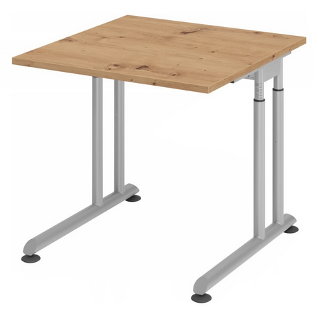 Hoogteverstelbaar bureau ZENO 8 S in knoestig eiken en zilver met U-vormige poten van hjh OFFICE PRO